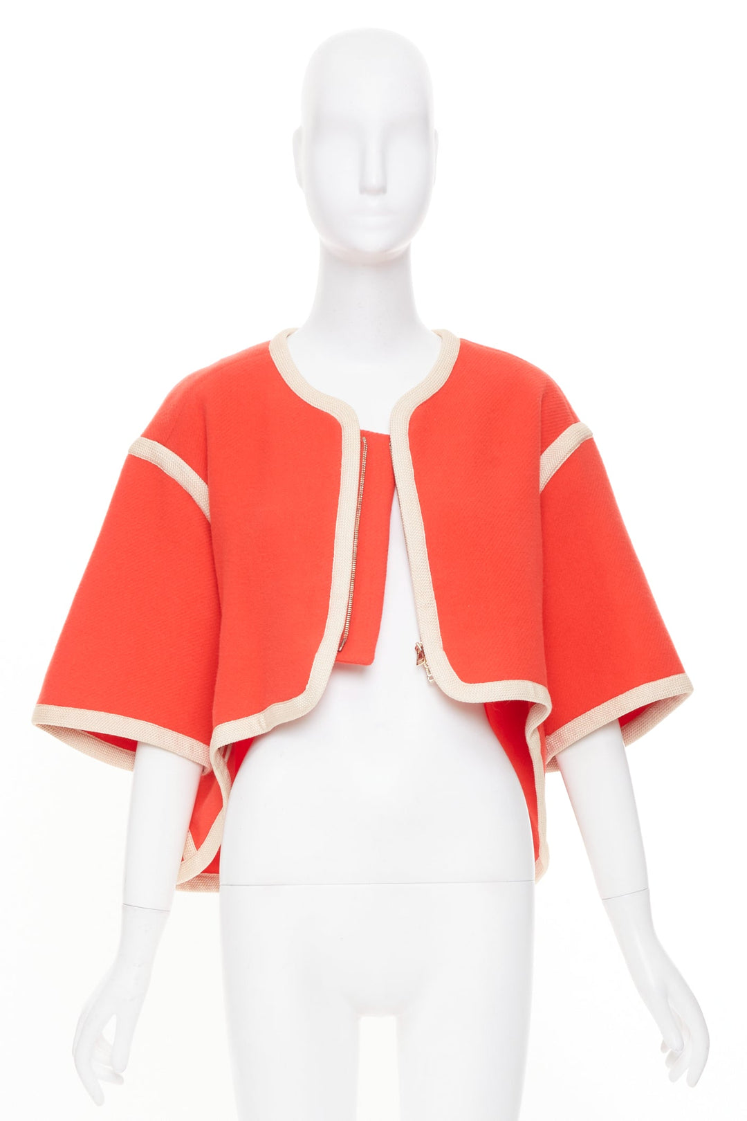 CHLOE asymmetric coral pink orange piping zip trim wool cape jacket FR34 XS