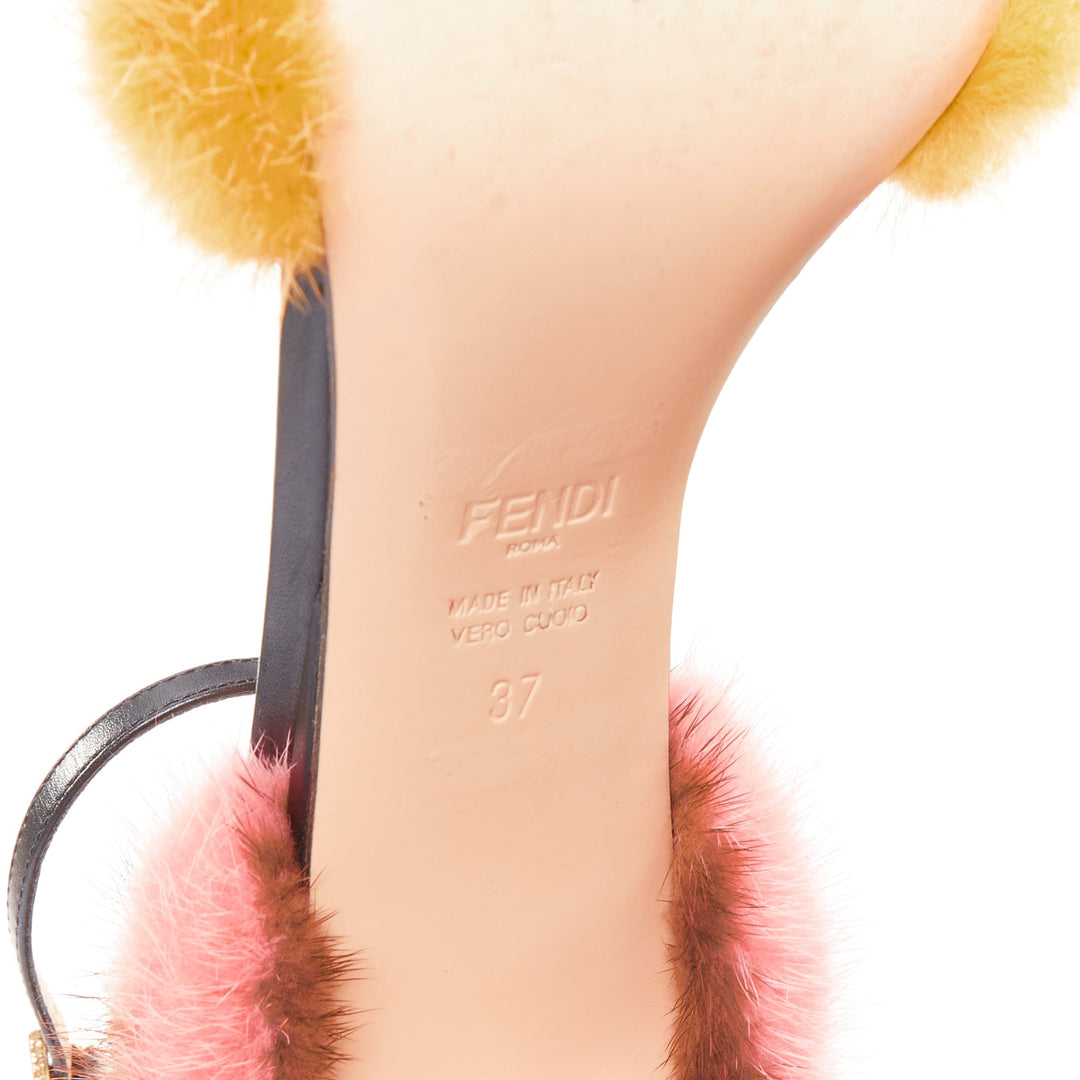 FENDI yellow pink mink fur black lambskin fluffy high heel sandals EU37