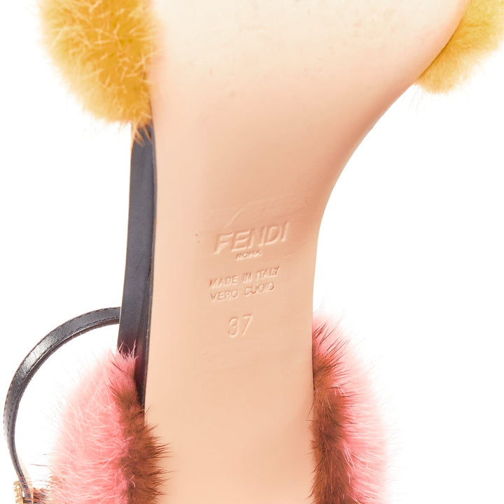 FENDI yellow pink mink fur black lambskin fluffy high heel sandals EU37
