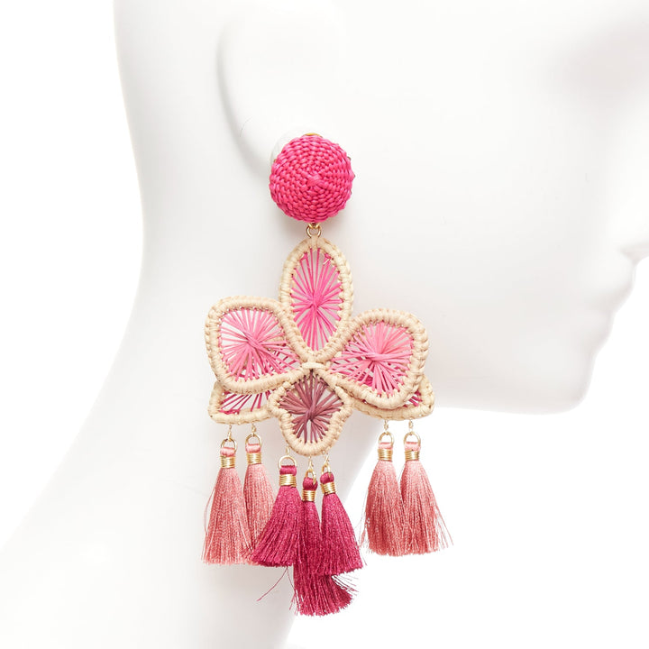 MERCEDES SALAZAR hot pink raffia red tassel dangling clip on earrings Pair