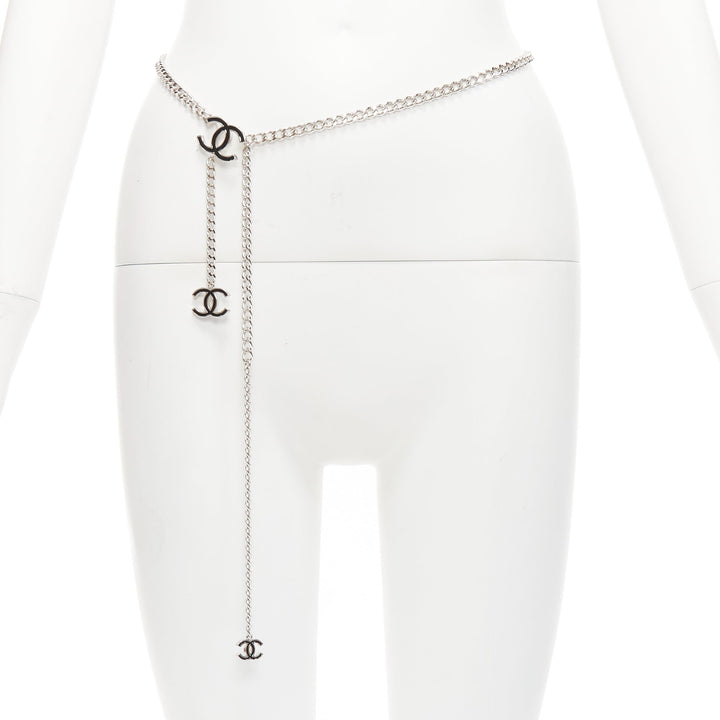 CHANEL 10V black CC silver chain 3 charms hanging chain waist belt