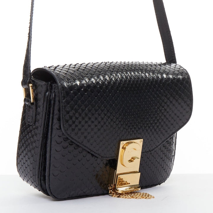 CELINE C Bag Runway black gold scaled leather fringe C clasp crossbody box bag