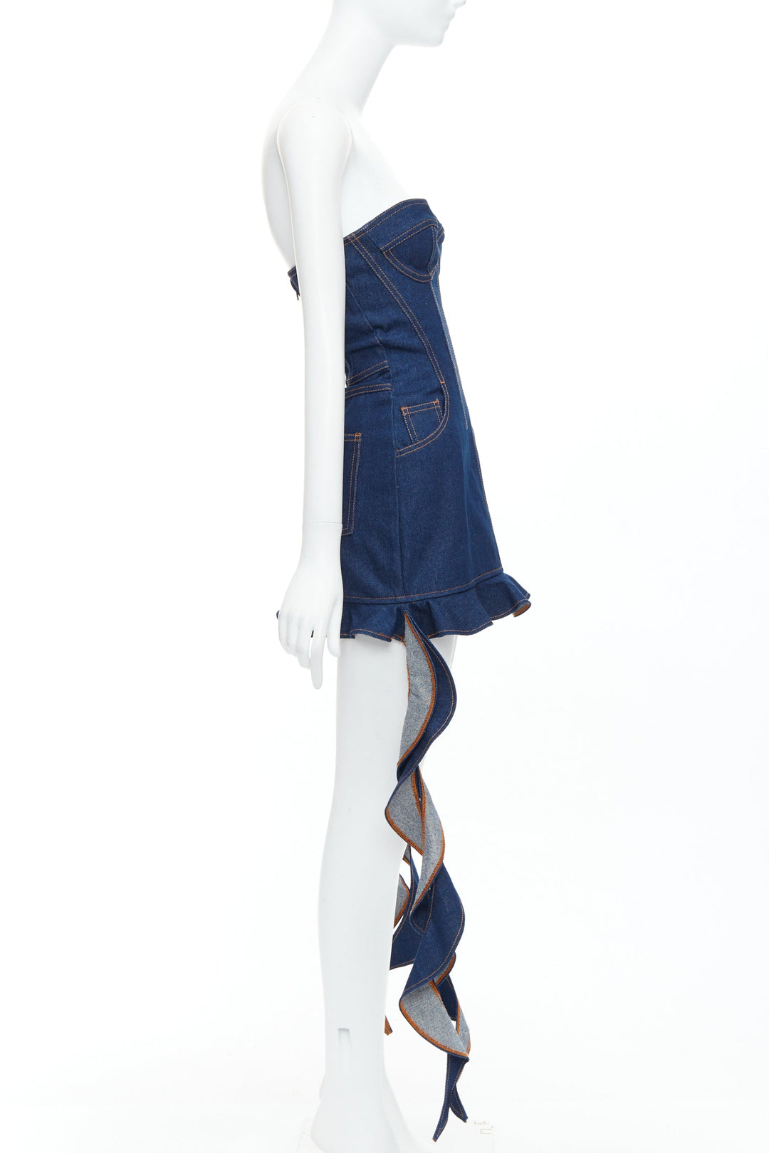 DAVID KOMA Corset Denim blue cotton cascade sides mini dress UK6 XS