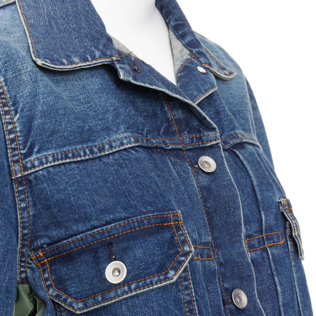 SACAI 2021 blue denim green nylon twill reconstructed hybrid MA-1 jacket JP2 M