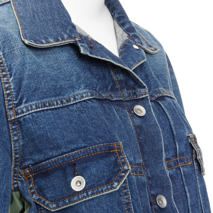 SACAI 2021 blue denim green nylon twill reconstructed hybrid MA-1 jacket JP2 M