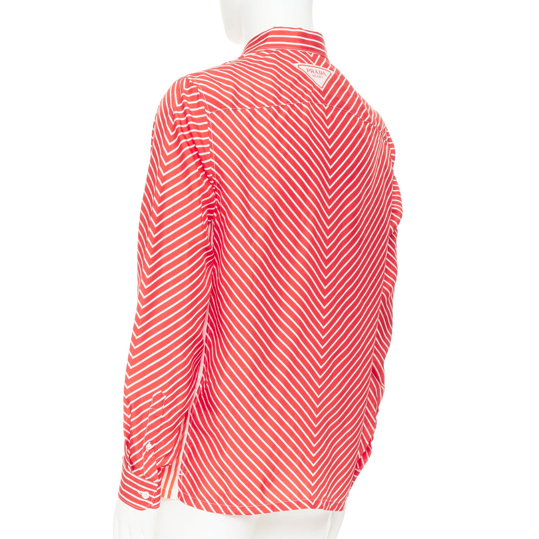 PRADA 2022  100% silk red white diagonal stripe logo back dress shirt EU39 M