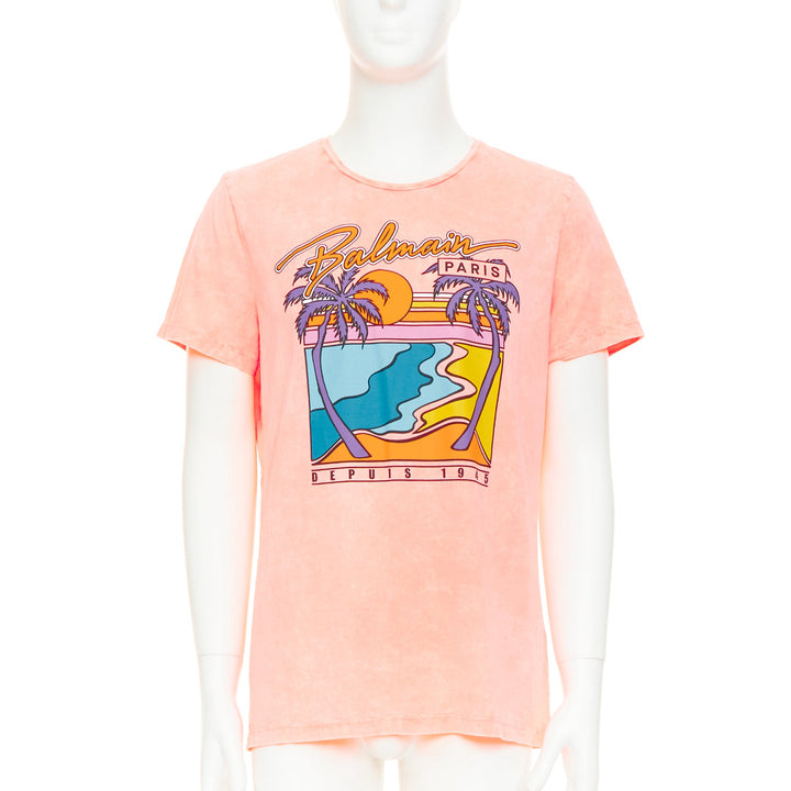 BALMAIN pink washed cotton jersey retro beach sunset graphic logo t-shirt L