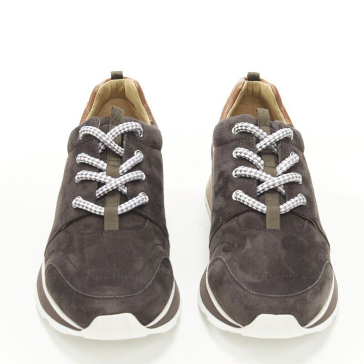 HERMES Buster grey brown suede lace up wooden rubber sole low sneaker EU39.5