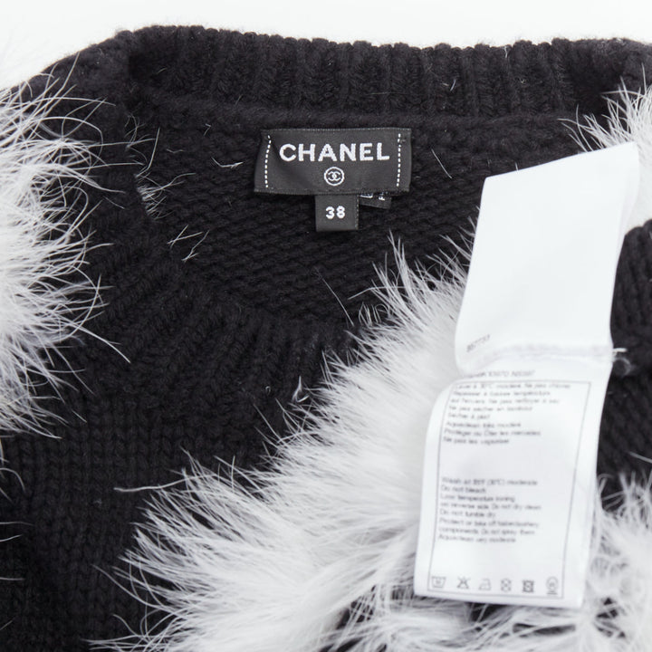 CHANEL 23A Runway white turkey feather black cashmere sweater FR38 M