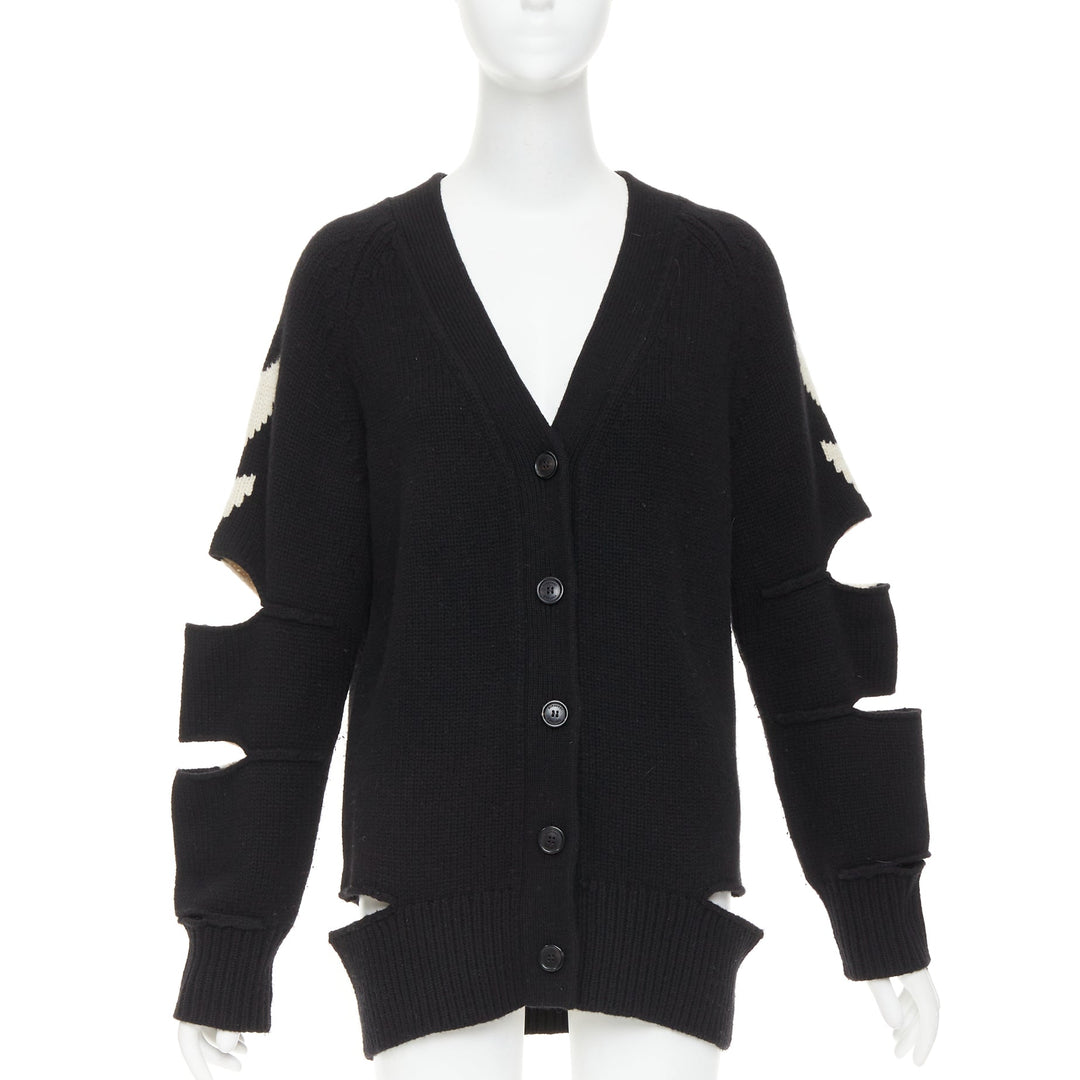 BURBERRY Nyla black cream merino wool cashmere logo intarsia cut out cardigan S