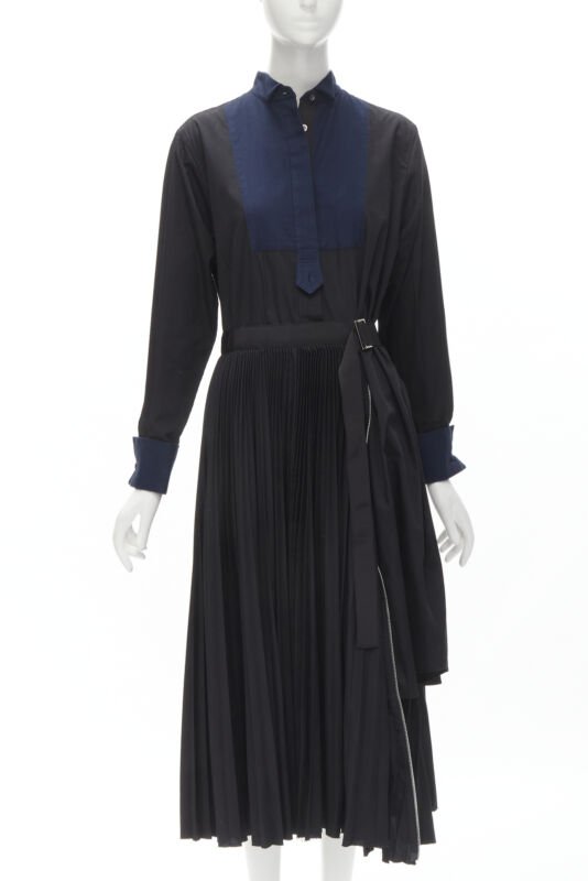 SACAI navy tuxedo bib collar black cotton pleated skirt belted midi dress JP2 M