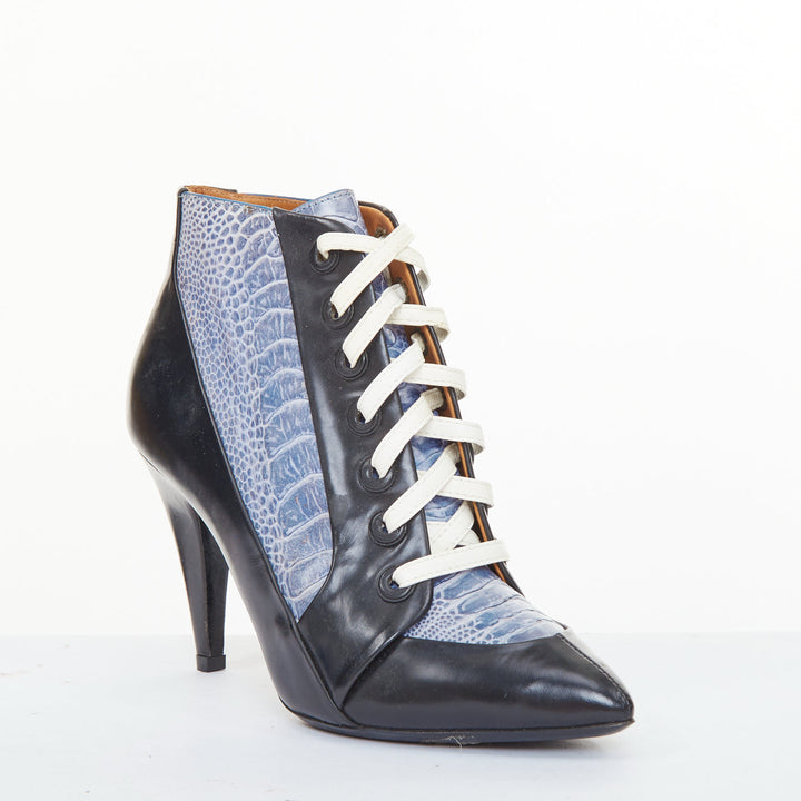 BALENCIAGA 2012 Runway blue emboss black leather lace up high heel booties EU36