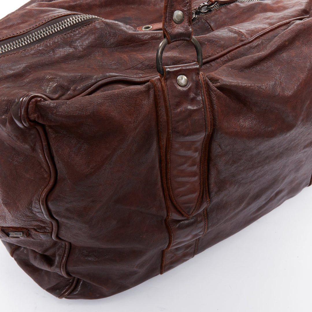 MIU MIU Vintage brown tumbled crinkled leather large travel bag