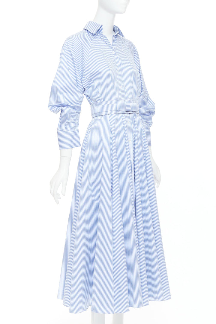 BRANDON MAXWELL blue white striped cotton twill belted midi shirt dress US0 XS