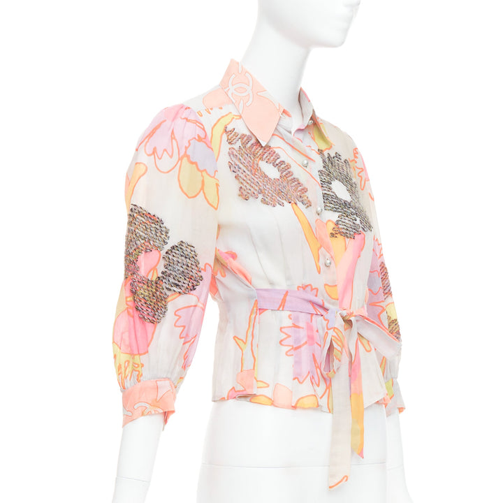 CHANEL 03P cotton floral print embroidery tie belt crop blouse FR36 S