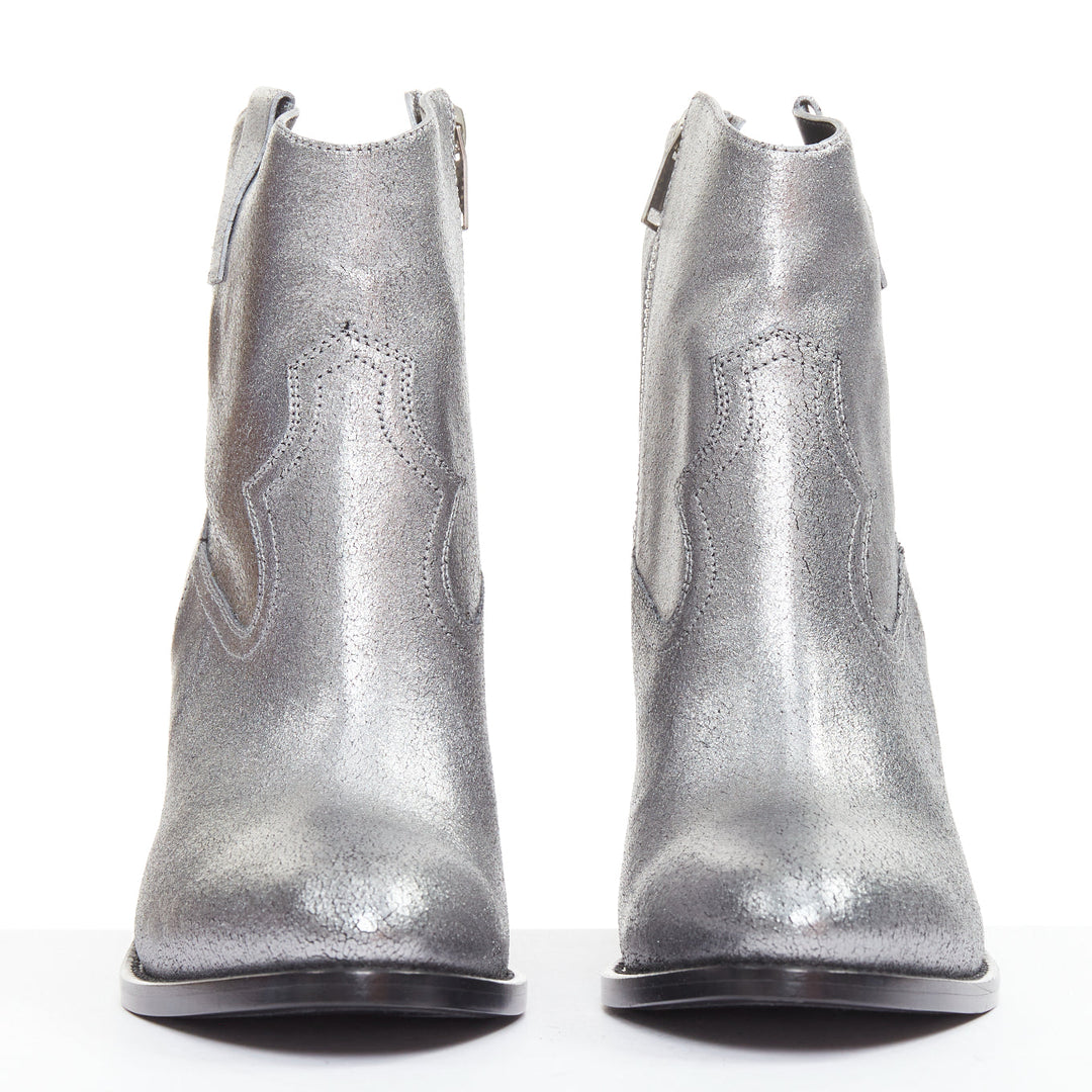 SAINT LAURENT metallic silver blue leather western cowboy ankle boot EU37.5