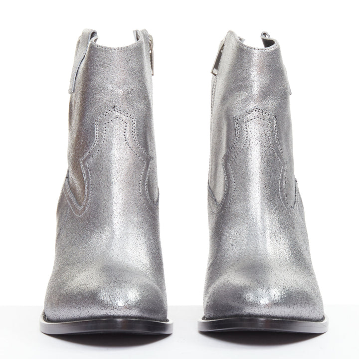 SAINT LAURENT metallic silver blue leather western cowboy ankle boot EU37.5