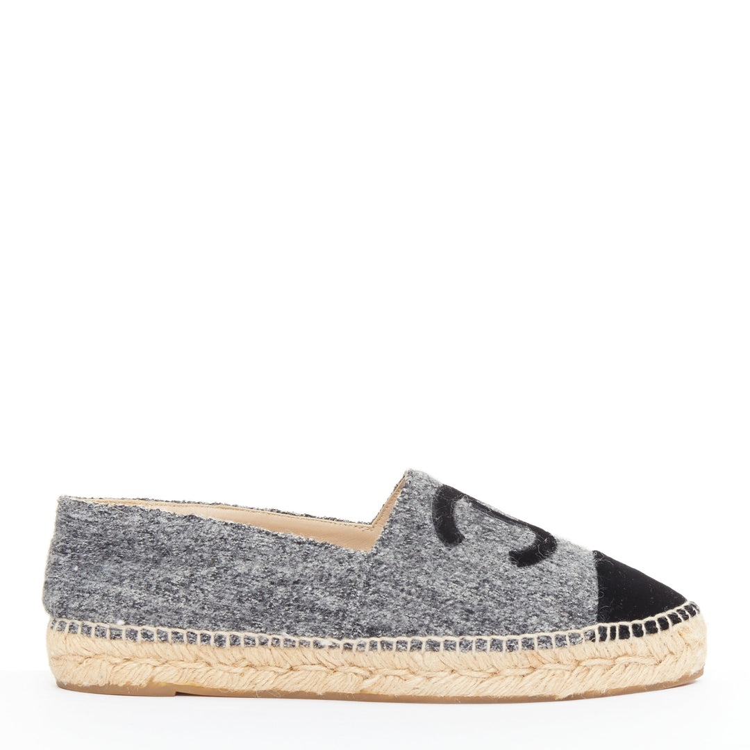 CHANEL 2021 grey wool felt black CC velvet applique espadrille flats EU39