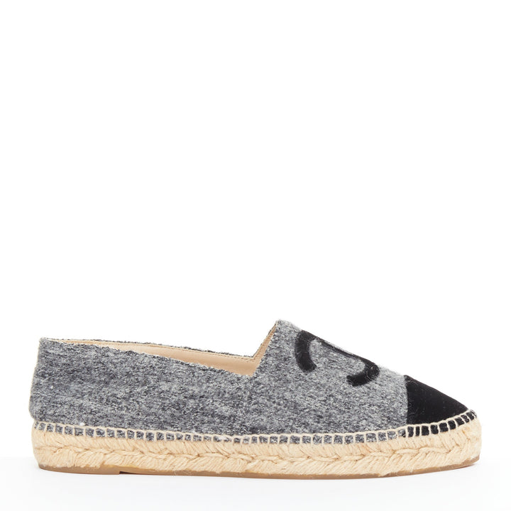 CHANEL 2021 grey wool felt black CC velvet applique espadrille flats EU39