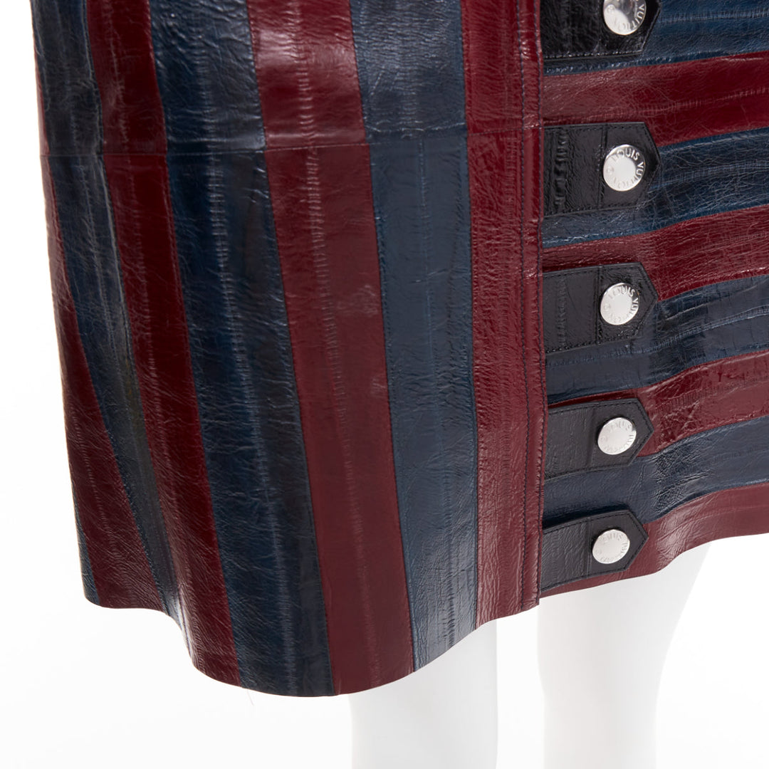 LOUIS VUITTON 2015 Runway burgundy navy eel leather patchwork skirt FR38 M
