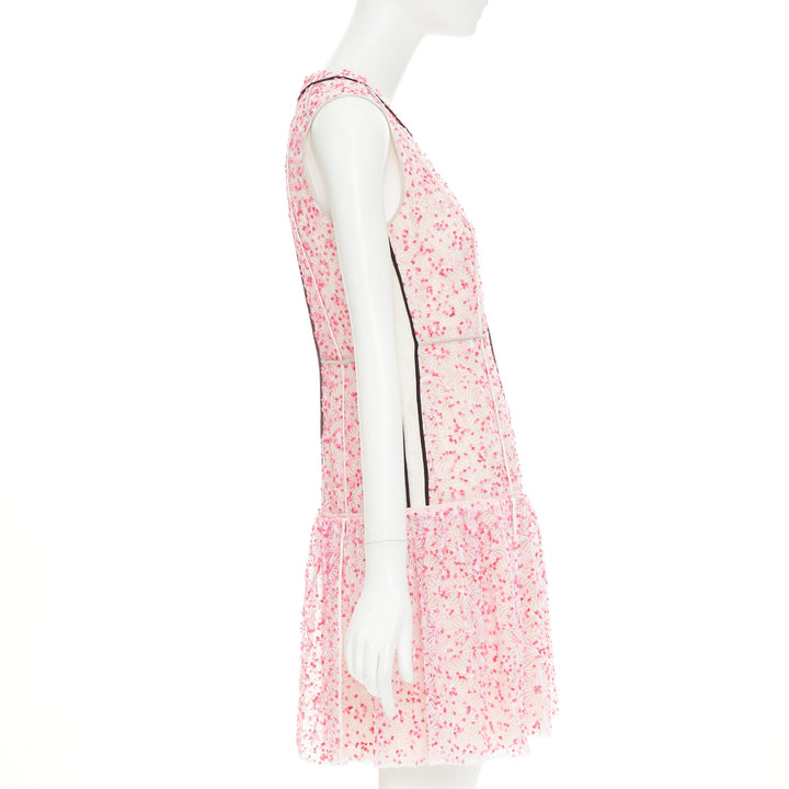 FENDI Flocked Blossom pink sheer black trim drop waist mini dress IT42 M