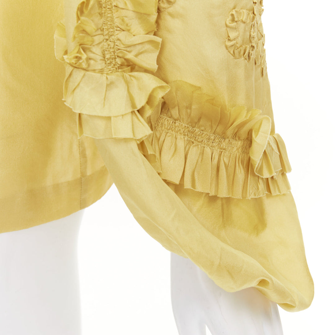 DRIES VAN NOTEN yellow 100% silk ruffle applique puff sleeve blouse FR38 M
