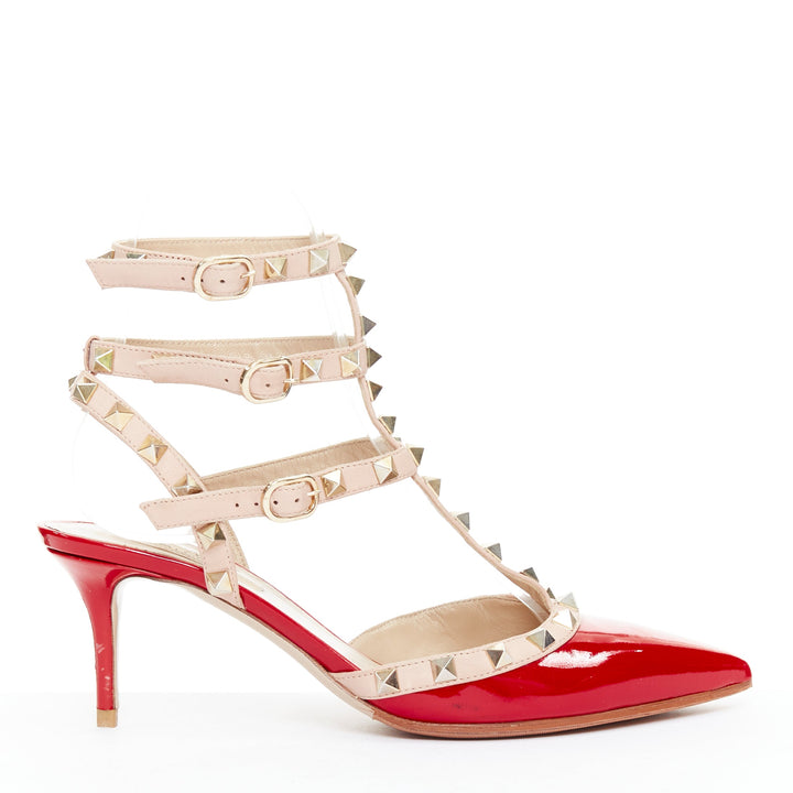 VALENTINO Rockstud red patent caged nude leather strappy heels EU38