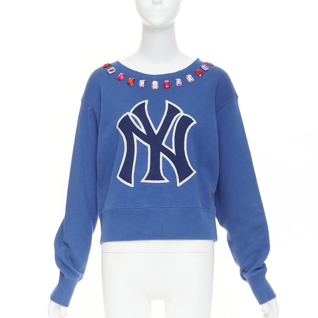 GUCCI 2018 MLB New York Yankees blue cotton jeweled bateau neck sweatshirt XS