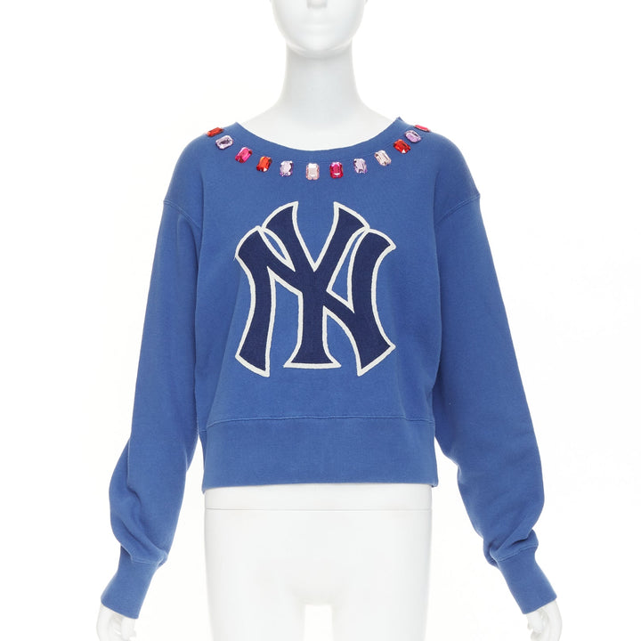 GUCCI 2018 MLB New York Yankees blue cotton jeweled bateau neck sweatshirt XS