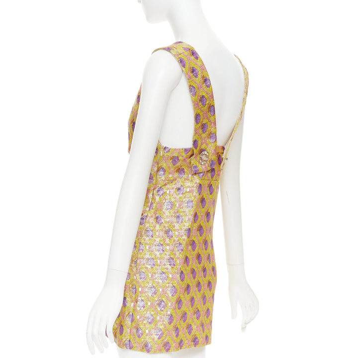 MIU MIU 2009 yellow purple silk wool abstract jacquard turnlock dress IT36 XXS