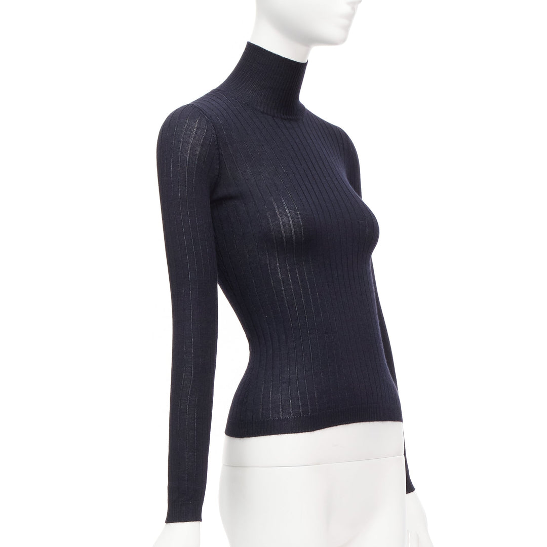 CHRISTIAN DIOR navy cashmere silk fine knit ribbed turtleneck sweater FR34 XS