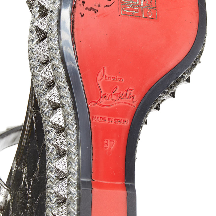 CHRISTIAN LOUBOUTIN Pyraclou 110 Anthracite silver studded espadrille wedge EU37