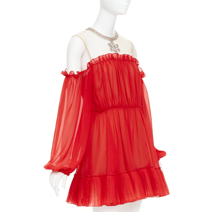 GIAMBATTISTA VALLI H&M 2019 Runway red chiffon crystal necklace dress IT40 XS