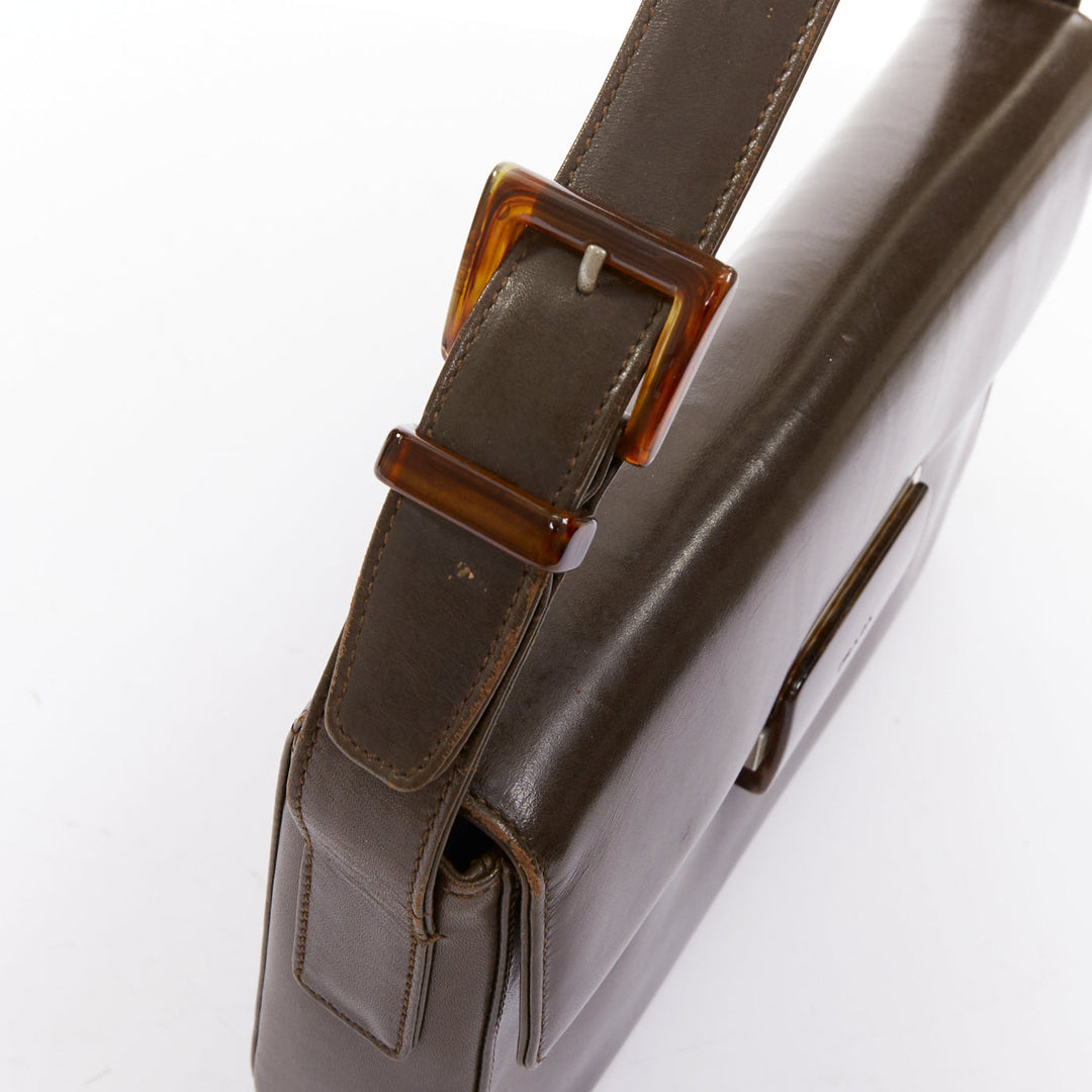 PRADA Vintage dark brown leather acrylic logo buckle flap bag