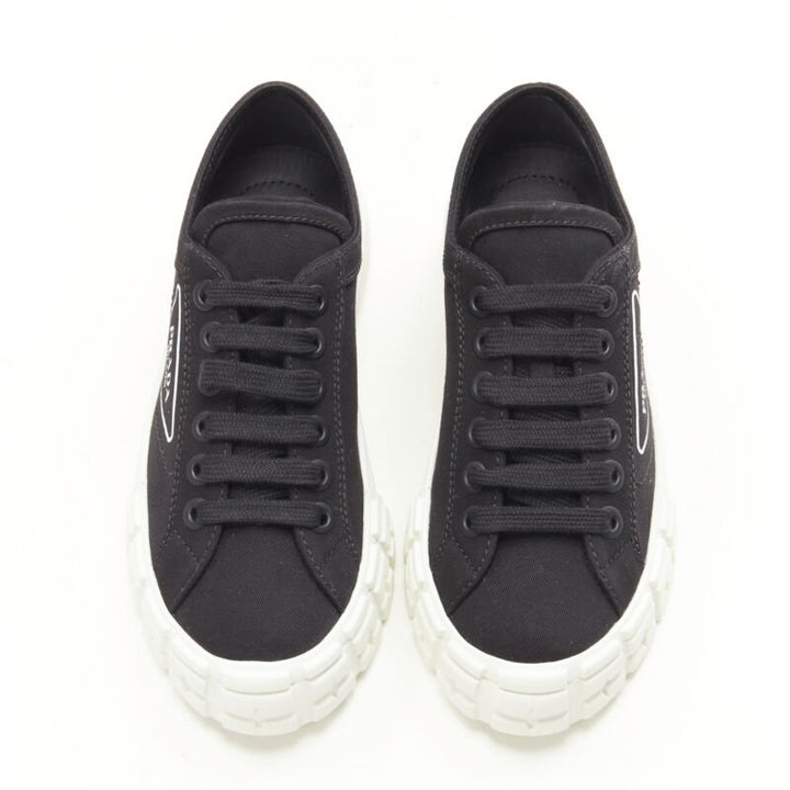 PRADA Wheel Gabardine black canvas triangle logo outsole sneaker EU39.5