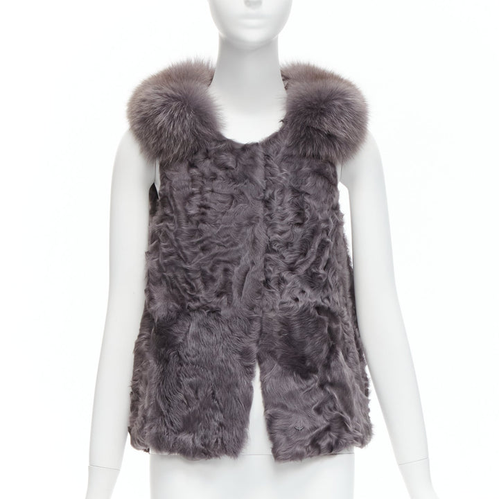 PELLICCISSIMA grey Astrakhan fur collar sleeveless winter vest jacket S