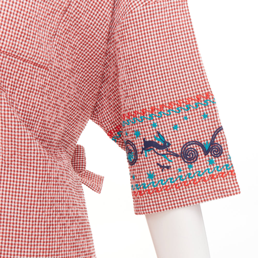 HERMES Sur La Pouce red gingham embroidered pajama shirt shorts set FR34 XS