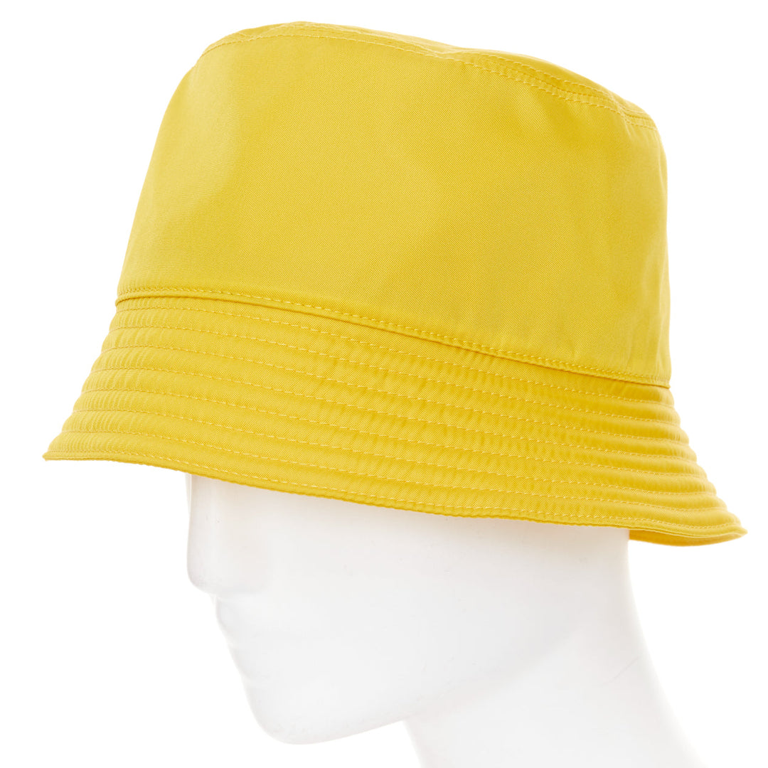 PRADA Re-Nylon mustard yellow silver logo plague topstitched bucket hat M