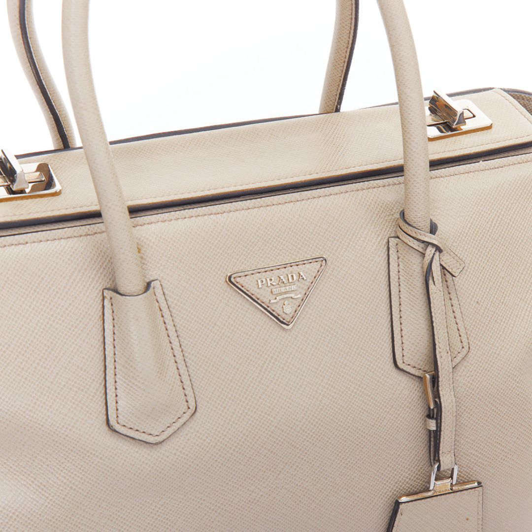 PRADA Twin beige saffiano leather trangle logo top handle tote bag