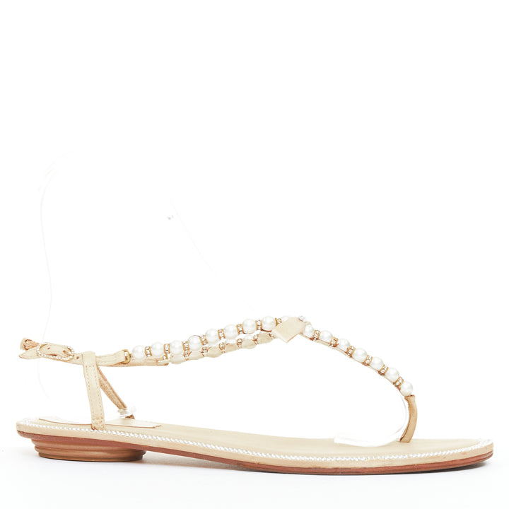RENE CAOVILLA cream bow faux pearl tstrap strass trim flat sandals EU36