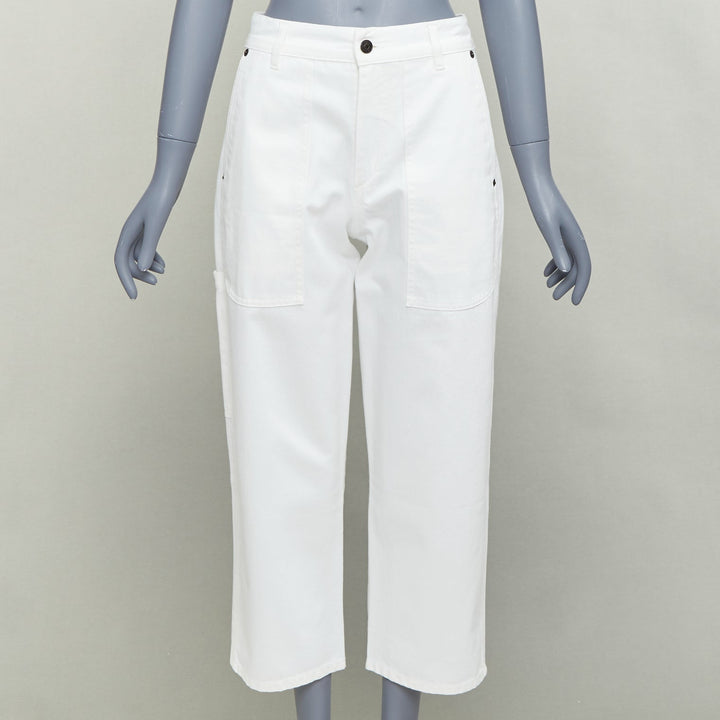 THE ROW white cotton studded patch pockets high waist crop jeans US0 XS