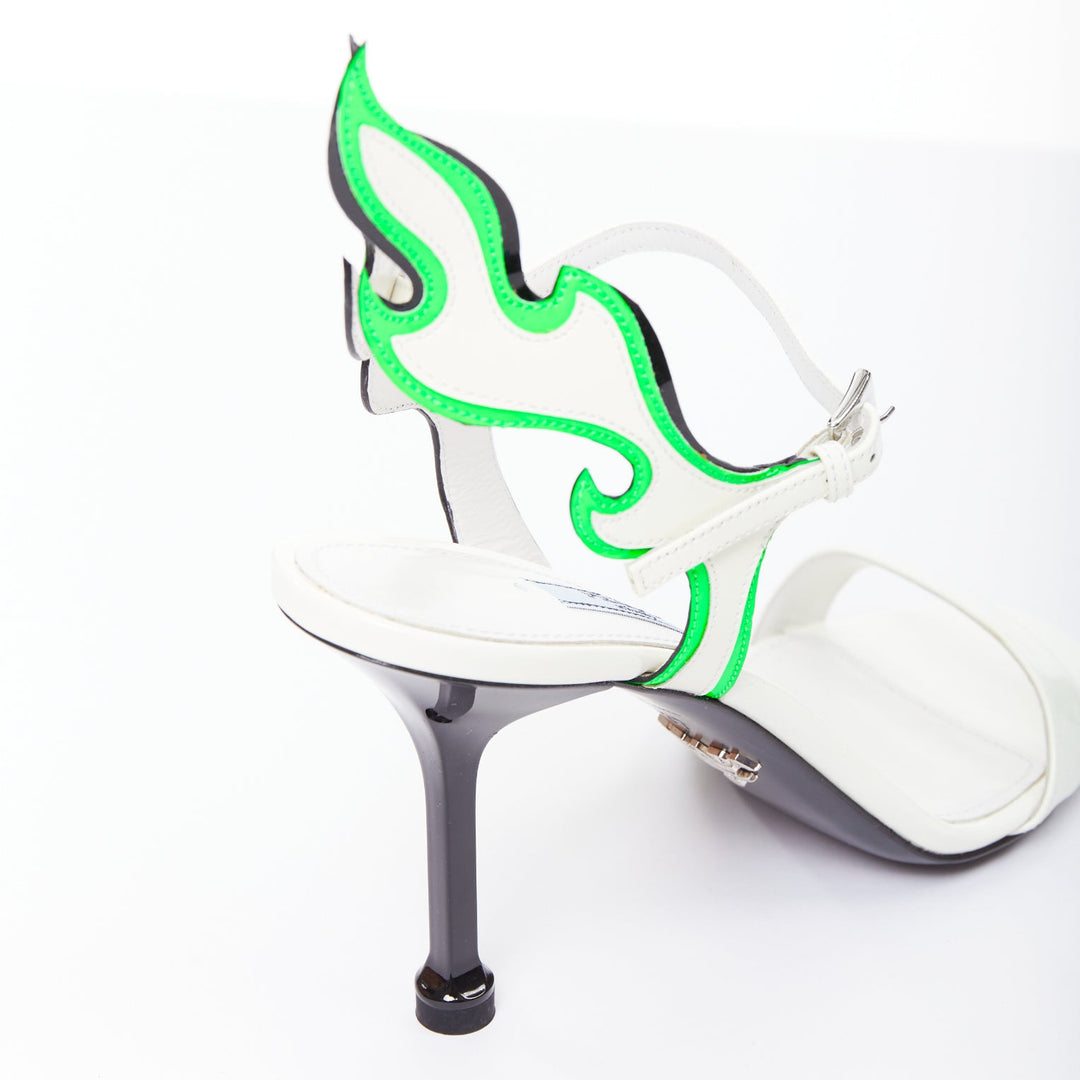PRADA 2018 Hot Flame Acid Fire white green patent leather mid heel sandal EU36.5