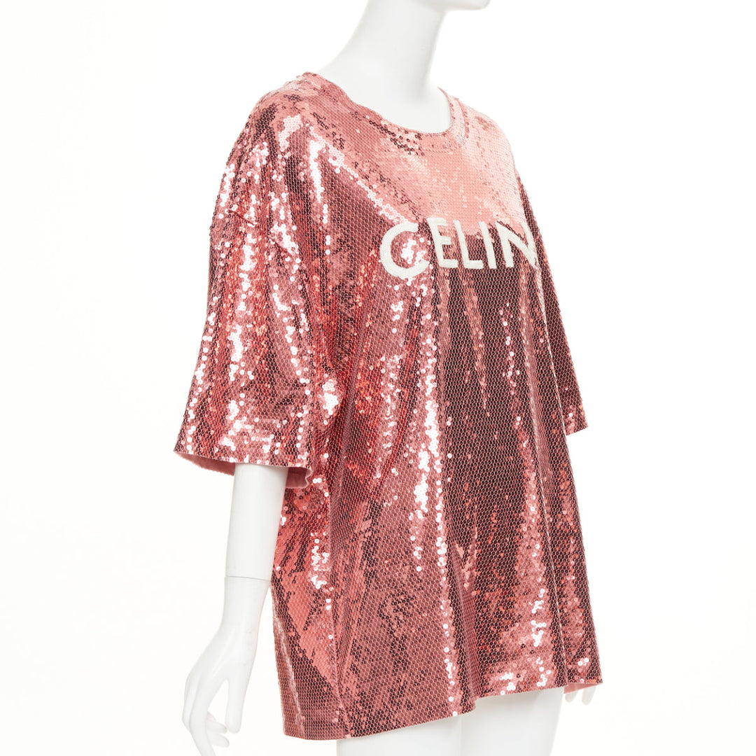 CELINE 2022 Runway rose pink white sequin logo oversized jersey tshirt M
