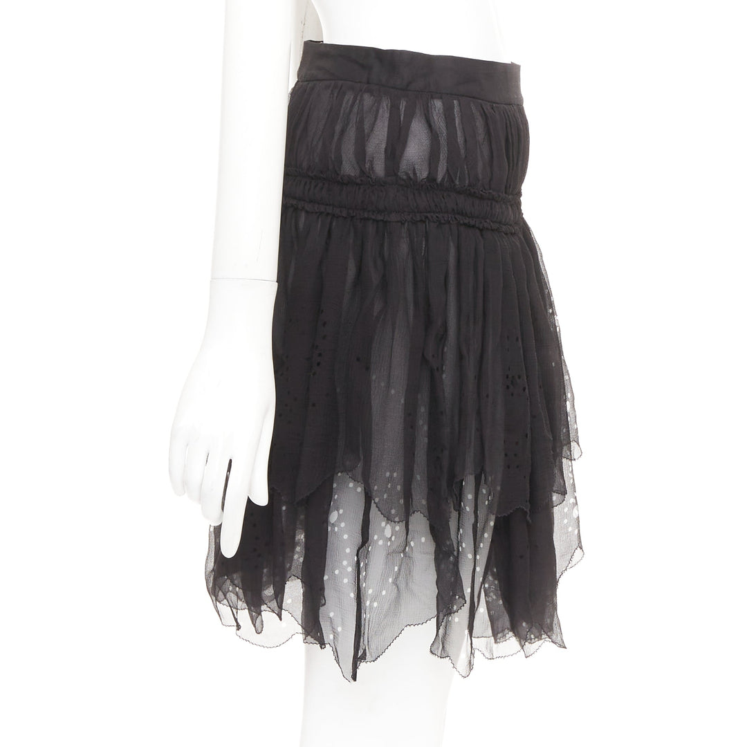 JOHN GALLIANO Gonna black 100% shirred silk laser cut holes prairie skirt FR36 S