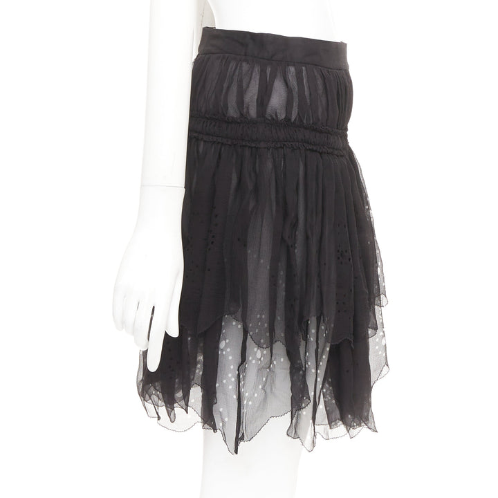 JOHN GALLIANO Gonna black 100% shirred silk laser cut holes prairie skirt FR36 S