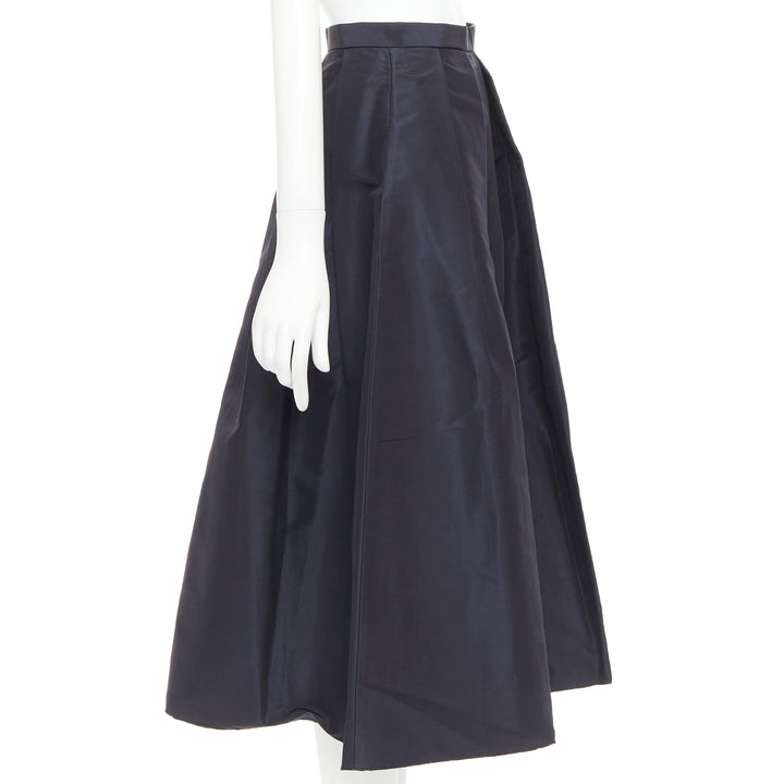 TIBI navy 100% silk satin crepe box pleated flared tea length midi skirt US0 XS