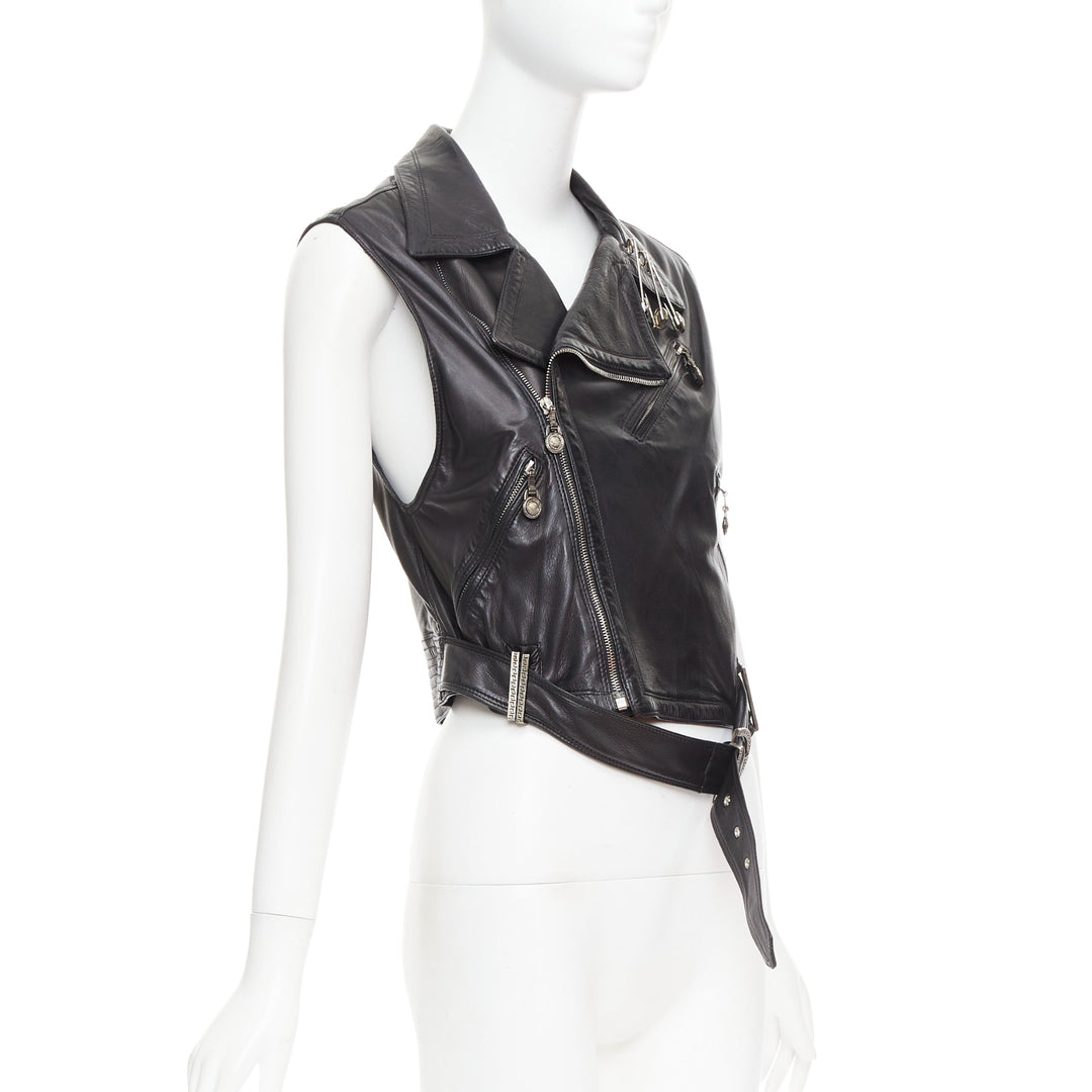 GIANNI VERSACE 1994 Vintage leather medusa safety pin biker vest IT38 XS