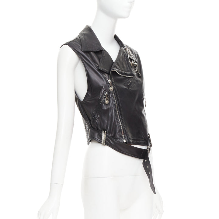 GIANNI VERSACE 1994 Vintage leather medusa safety pin biker vest IT38 XS