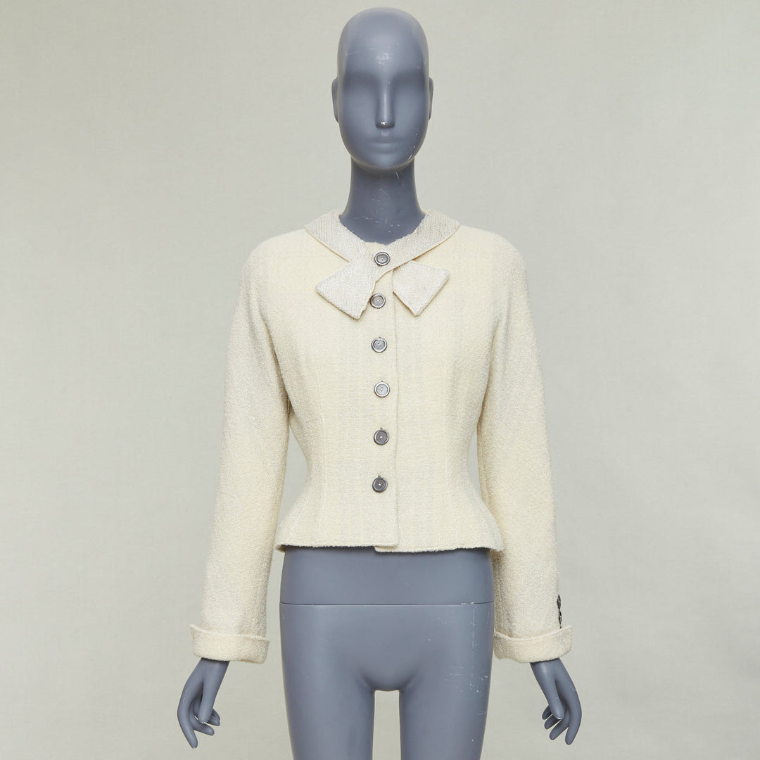 VALENTINO BOUTIQUE Vintage cream wool tweed beaded collar contour bar jacket US8