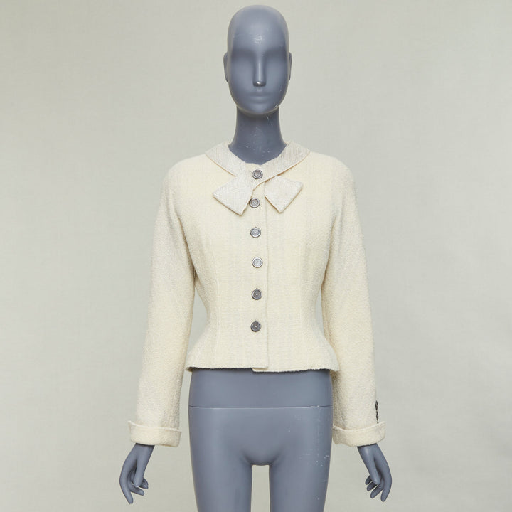 VALENTINO BOUTIQUE Vintage cream wool tweed beaded collar contour bar jacket US8